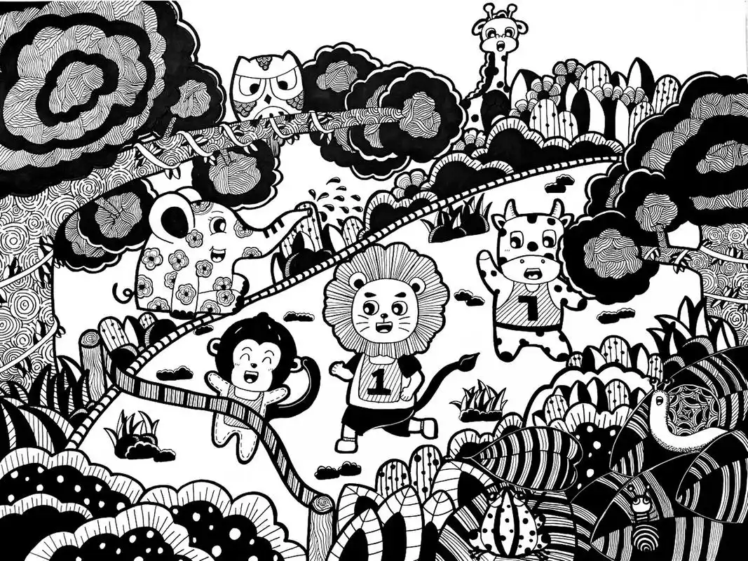 森林运动会儿童简笔画|黑白线描儿童画画 99儿童主题简笔画黑白线描