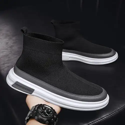 苏芈秋季男鞋高帮袜子鞋夏季飞织运动黑色板鞋百搭潮鞋中帮潮牌马丁靴