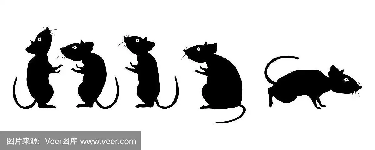 白色背景上的卡通老鼠剪影.平面矢量插图eps10.