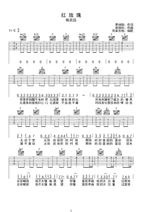 红玫瑰—陈奕迅c调六线吉他谱-虫虫吉他谱免费下载