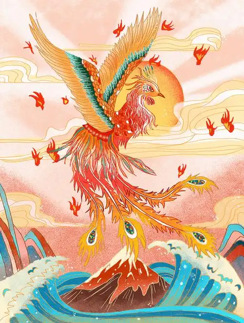 国潮插画《凤凰于飞》|插画|商业插画|奇景插画 - 临摹作品 - 站酷