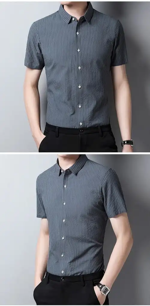衬衫短袖商务休闲商务夏季新款中年男士色翻领时尚衬衣lcz2012藏青165