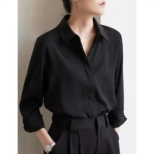 气质黑色雪纺衬衫早秋法式通勤长袖衬衫女士职业质感正肩衬衣上衣