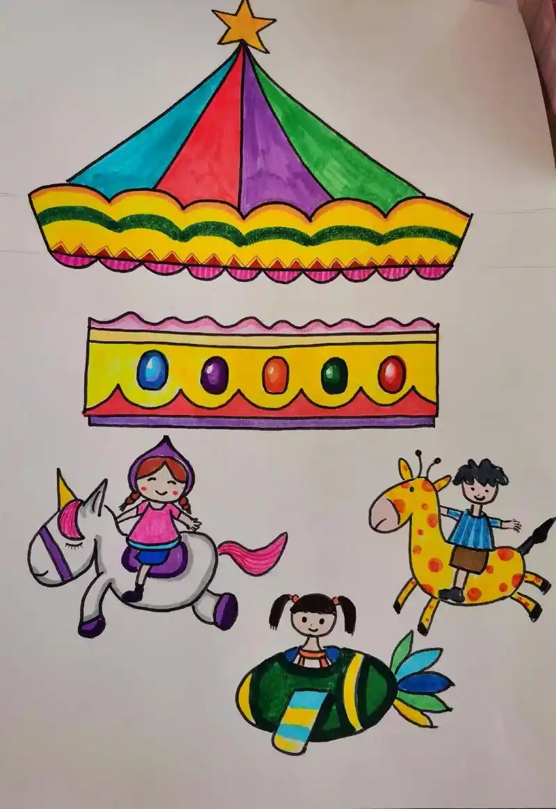 创意美术 #旋转木马 #儿童画 #线稿 #画画 - 抖音