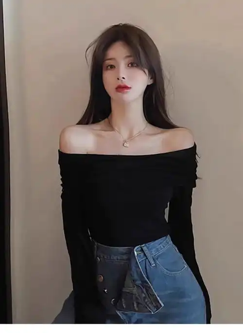 复古一字肩长袖新款锁骨辣妹高级感修身打底衫上衣秋季韩版露肩女