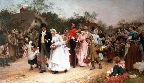 室内,白天,正面,婚纱,婚礼,绘画,快乐,植物,道路,路,竹子,帽子,油画