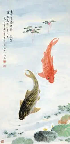 02011988年作双鲤戏水镜片设色纸本