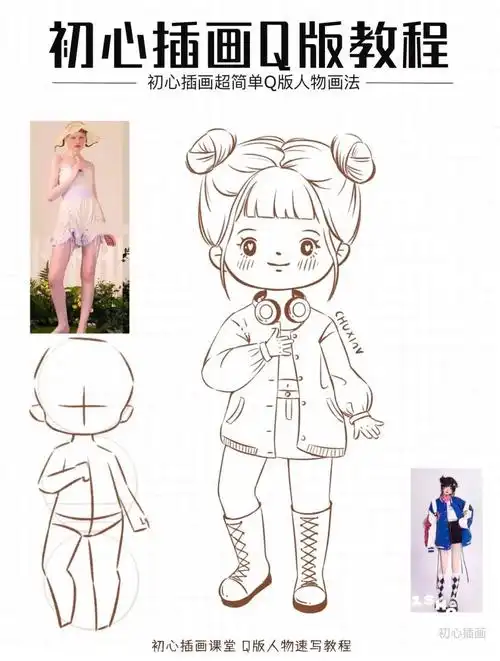 零基础q版人物画法插画教程①参考照片提取动态②修改3头身动态③概括