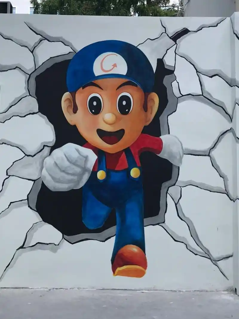 3d主题的墙绘,小朋友可以打卡互动,图案以卡通人物马里奥的形象加以