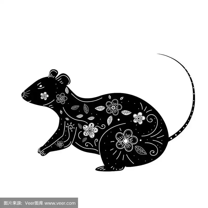 有花卉图案的老鼠剪影.象征2020年的中国新年.