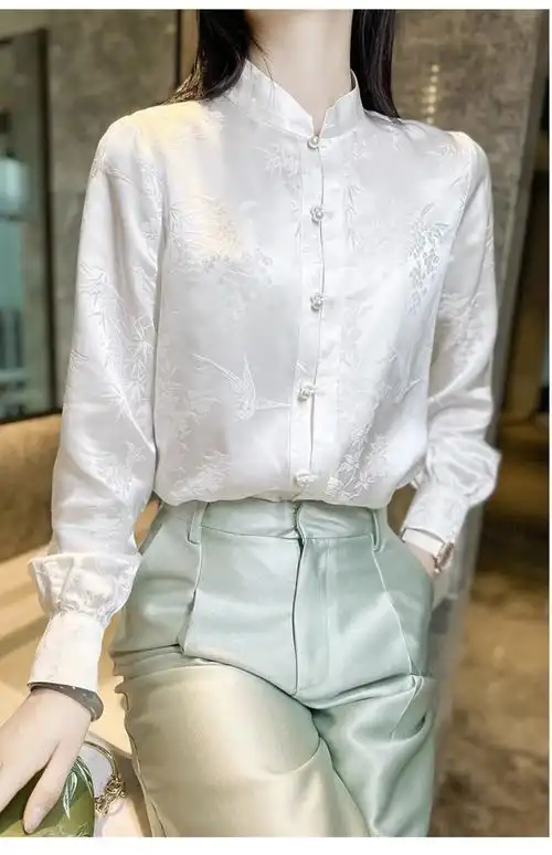 竹与鸟"白色新中式国风桑蚕丝上衣女2024早春立领真丝衬衫衬衣 - 17网