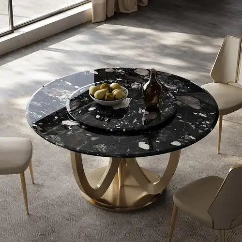 魅力大师天然奢石餐桌圆形高档别墅饭桌带转盘家用大理石餐桌圆桌