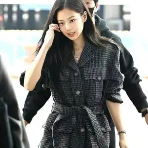 jennie金智妮同款22秋冬小香风粗花呢黑色千鸟格中长款大衣外套女