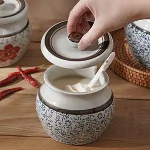 日式装猪油罐子家用耐高温陶瓷带盖辣椒油罐油泼辣子罐厨房陶瓷罐