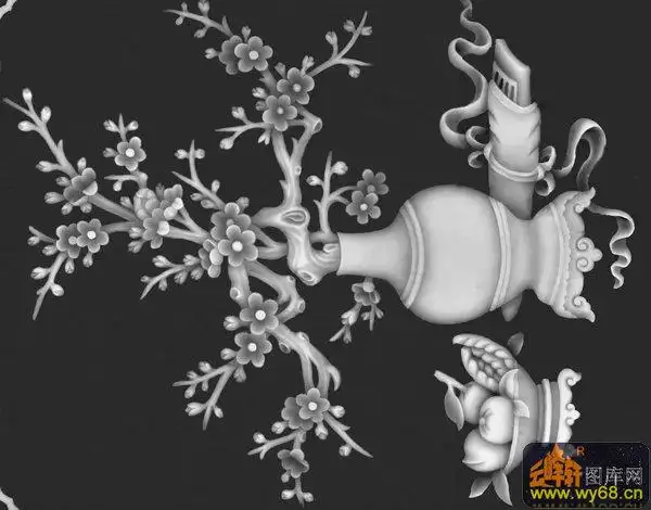 梅花花瓶木雕灰度图