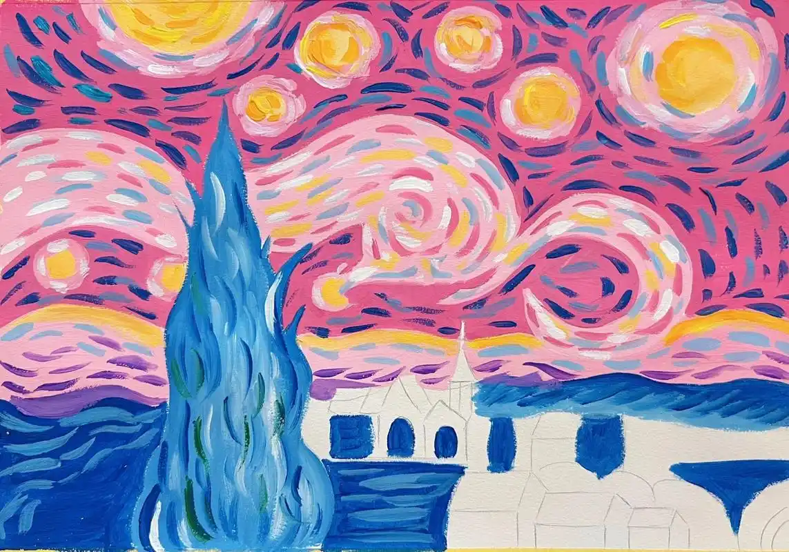 简易版水粉《粉色星空》绘画步骤图 图片参考