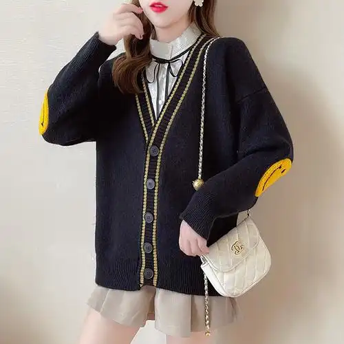 宽松笑脸针织保暖长袖2021年冬季外套懒风潮v领时尚加厚毛衣开衫