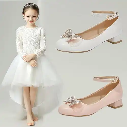 女童白色皮鞋水钻小女孩礼服鞋中大童单鞋儿童高跟鞋小学生演出鞋
