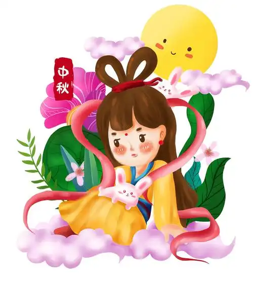 中秋节嫦娥玉兔吃月饼小插画