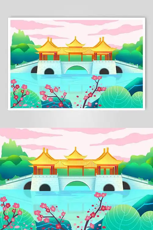 五亭桥扬州城市地标建筑插画-众图网