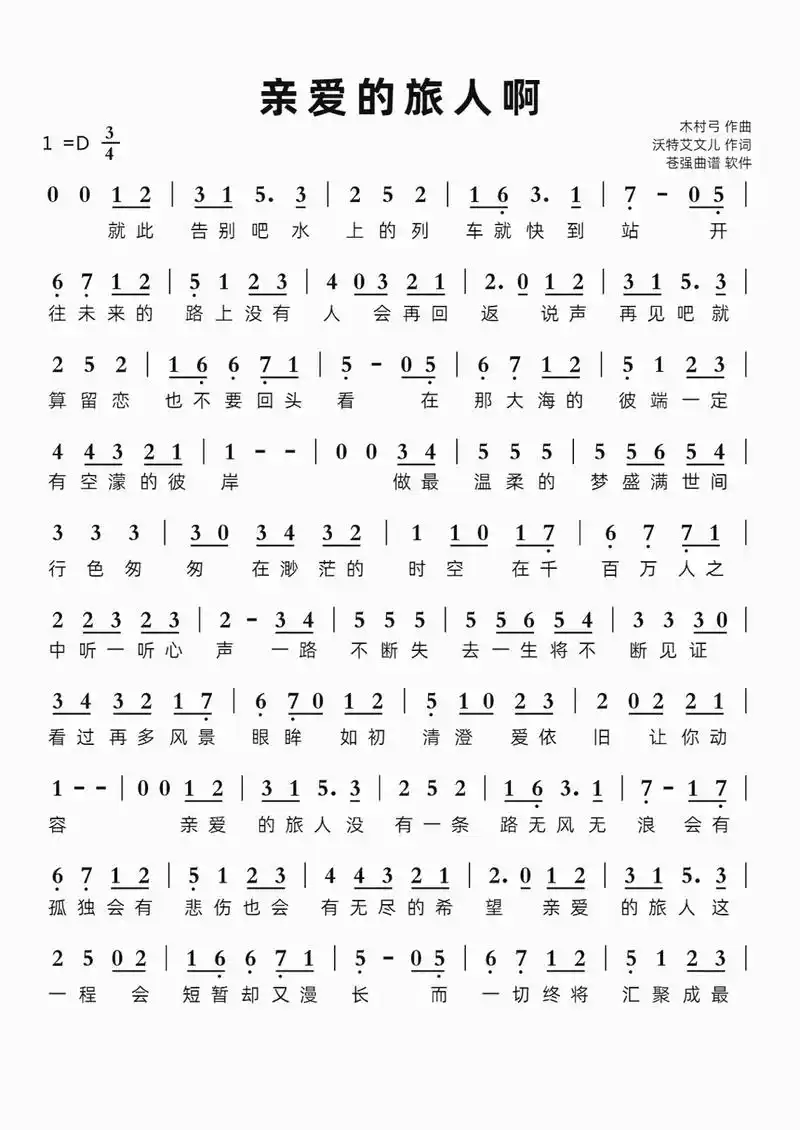 《亲爱的旅人啊 》简谱,这是一个轻快的的旋律,好听#音乐分享 #简谱