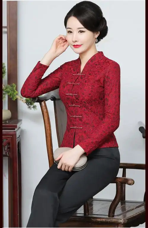 百俪佳媛旗袍上衣裤子套装长袖改良女式唐装上衣短款妈妈装中式复古