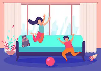 卡通儿童男孩和女孩跳上沙发,玩玩具球在客厅内部矢量图.