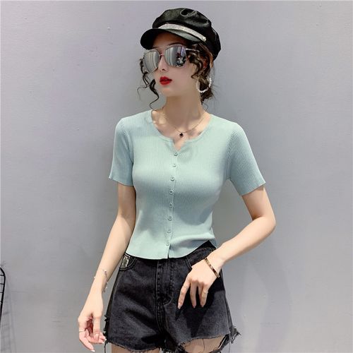 夏季t恤女2022年新款体恤冰丝针织衫高腰短袖修身短款紧身上衣夏