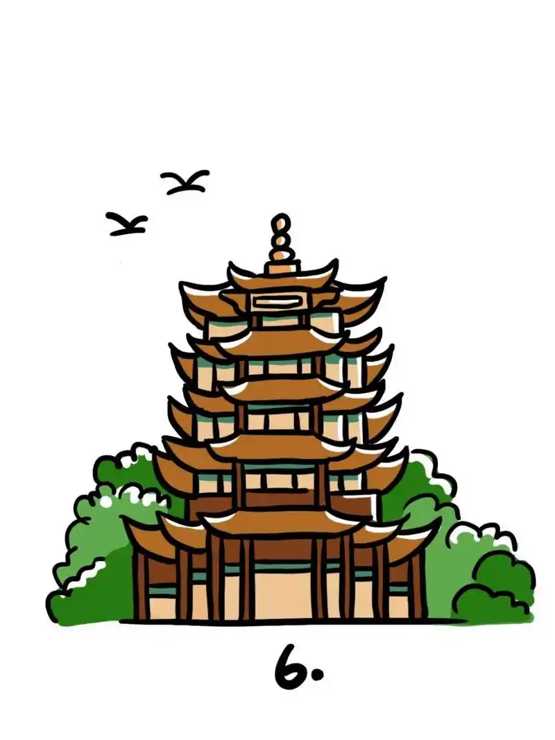 如何画武汉黄鹤楼|地标建筑简笔画教程10 我们来画个稍微复杂的建筑