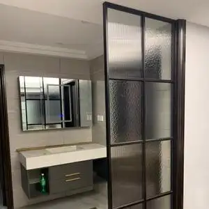 石头纹玻璃钢化屏风玄关隔断满洲窗海棠花双方格压花艺术玻璃定制