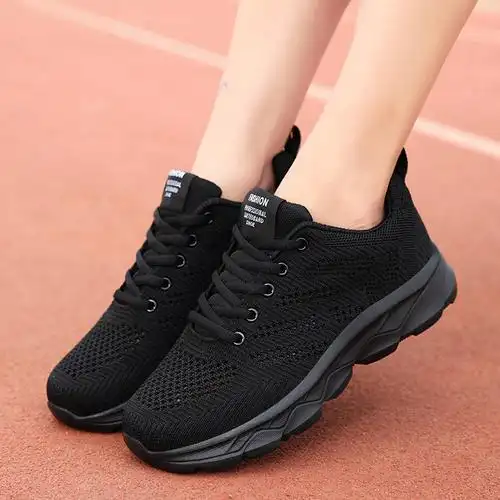 夏季镂空网鞋女全黑色上班工作鞋防滑软底网面运动鞋