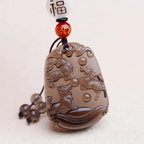 天然冰种黑曜石磨砂猪兔羊三合贵人吊坠钥匙扣汽车挂件男女款