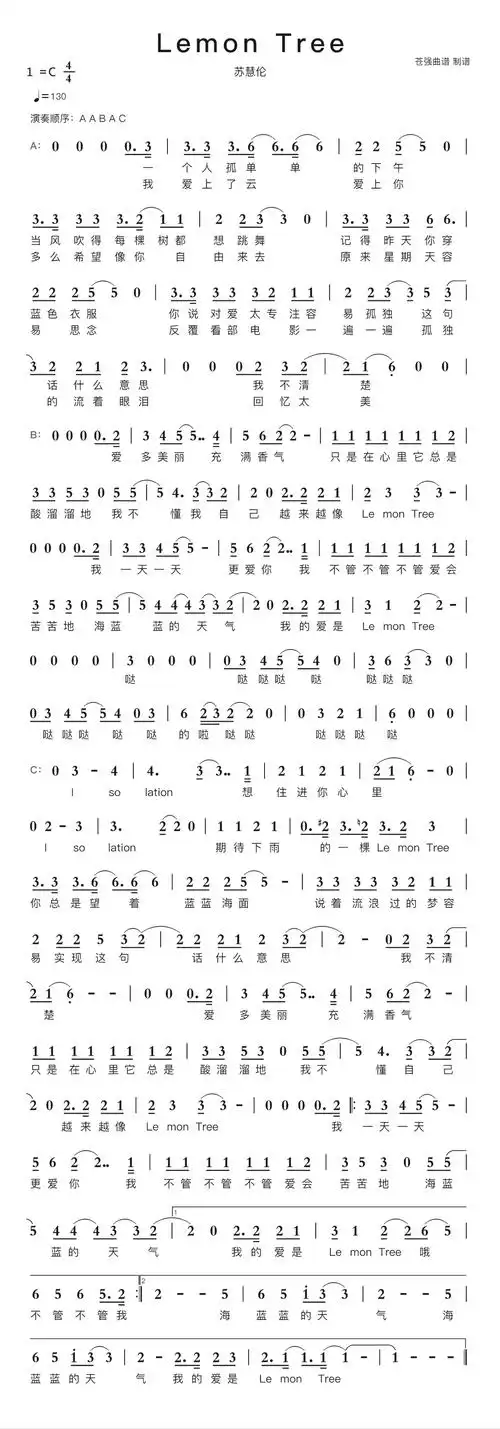 lemon tree(中文)简谱