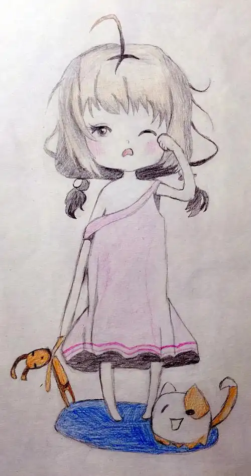 卡通素描刚睡醒的小女孩