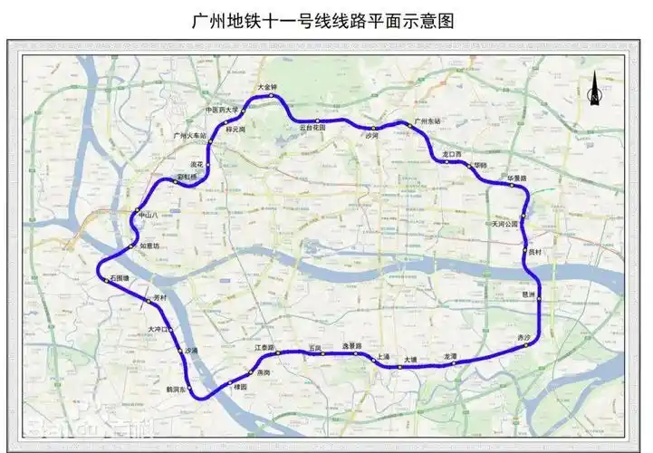 在建广州地铁11号线途经5个主城区,连接2个火车站,全长43公里,共设31