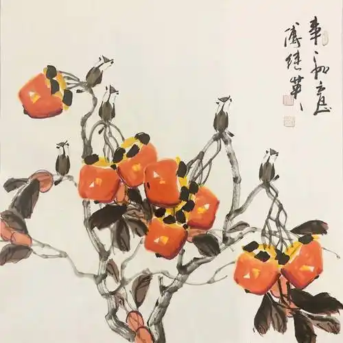 又能产生不一样的效果,例如在这幅画中,画家在柿子下画了三只小鸟
