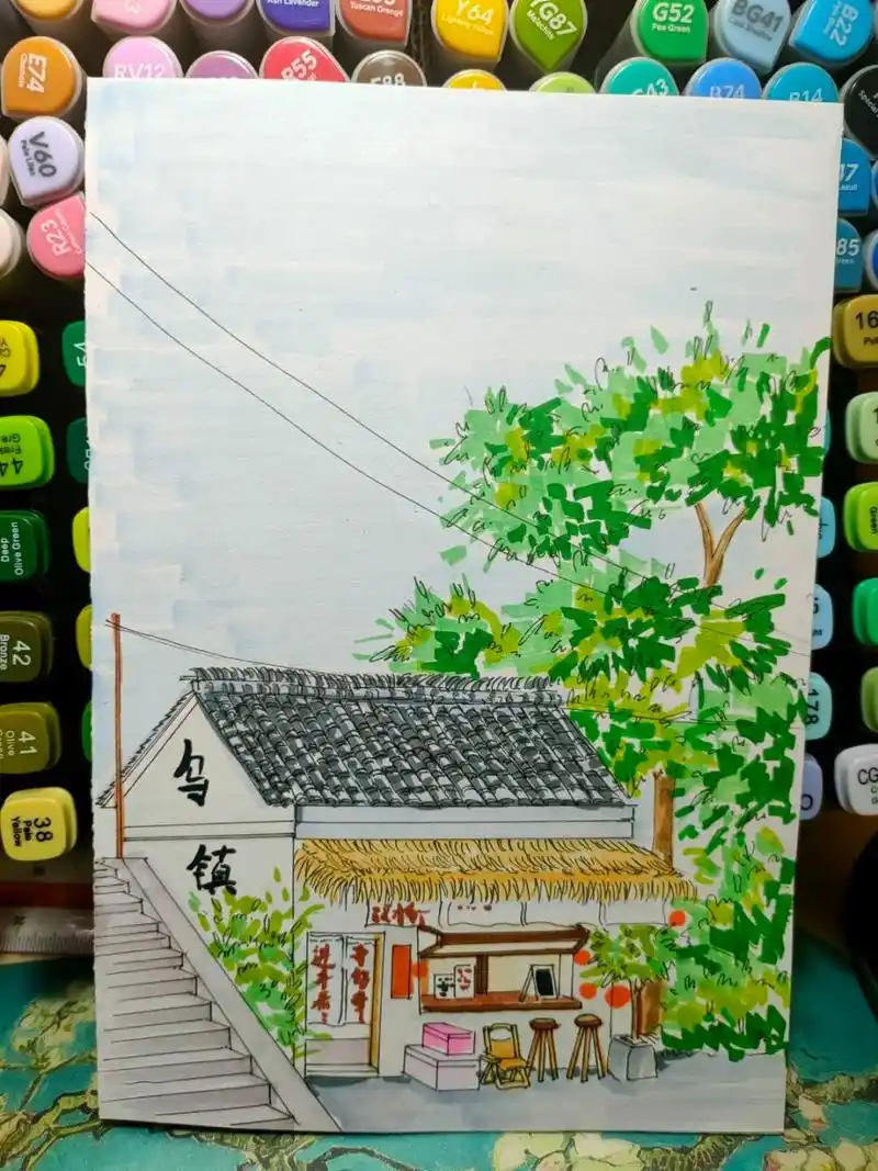 马克笔风景画《乌镇》上色 马克笔风景画《乌镇》上色 #风景画# #马克