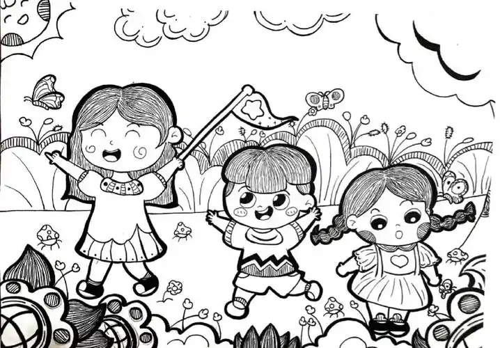 简笔画  #一起去郊游  #儿童简笔画  #黑白主题画  #一起去郊游儿童