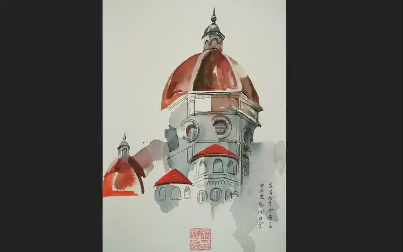手绘水彩留白建筑 佛罗伦萨大教堂