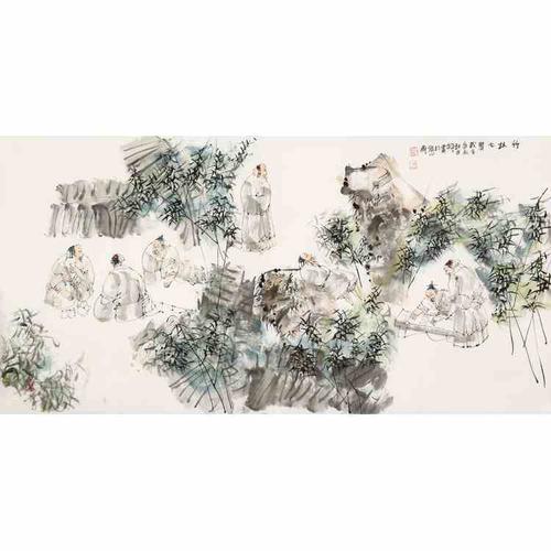 国画名家王明明精品四尺横幅人物竹林七贤字画写意手绘名人送画册