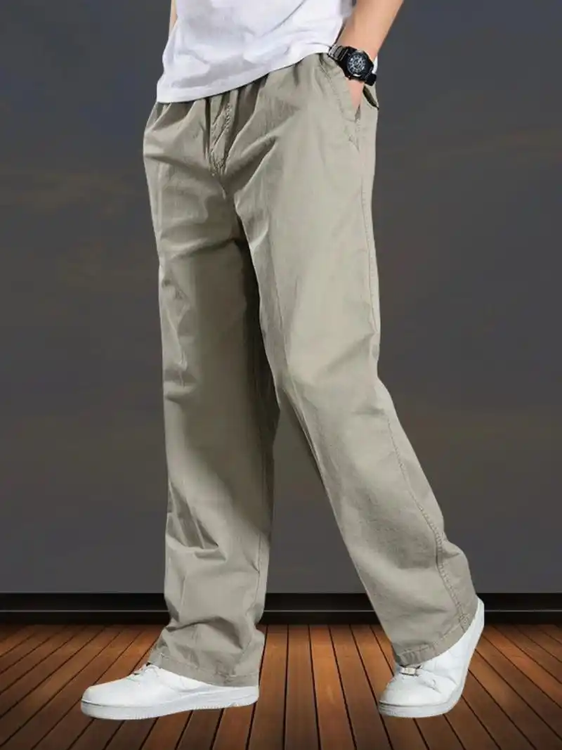 夏季纯棉休闲裤男士宽松直筒裤大码阔腿裤长裤子工装裤纯色工作裤
