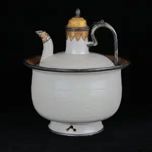 高古收藏老窑瓷器宋代定窑银鎏金包边温酒壶实拍7天无理由退换货