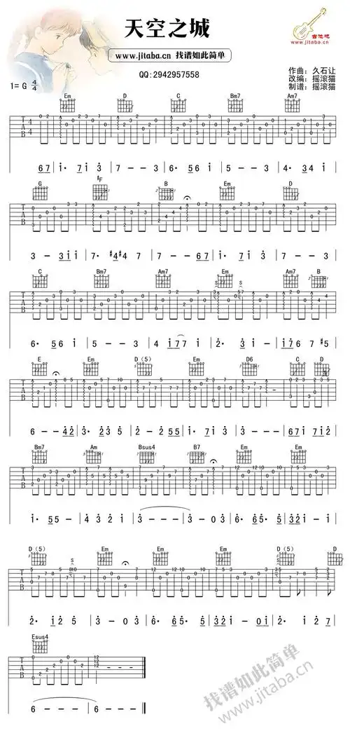 天空之城吉他谱指弹版,天空之城独奏曲谱完整版编配,适合初学者的简单