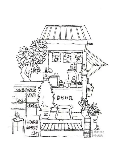 原创钢笔画钢笔淡彩线稿风景速写小房子