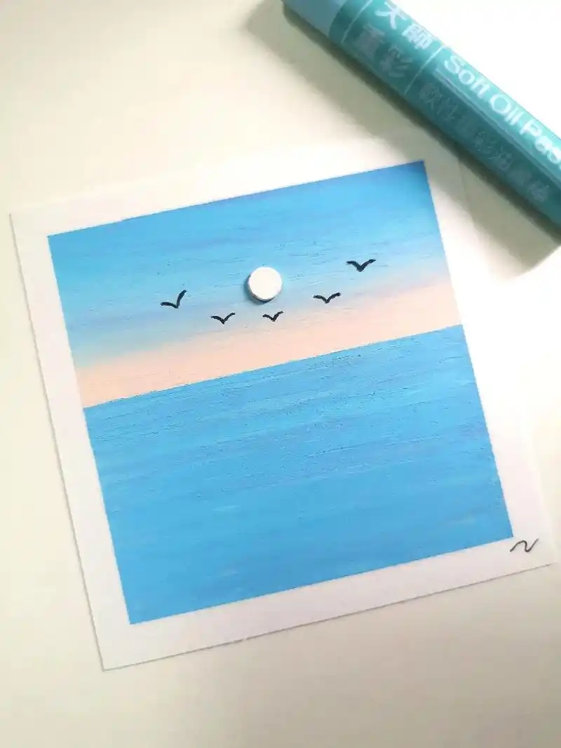 油画棒画超简单蓝色大海附色号步骤