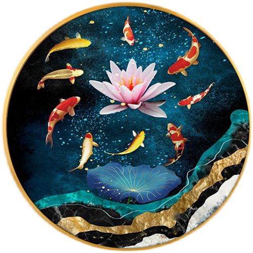 新款九鱼圆形招财中式新中式印花玄关餐厅客厅十字绣套件