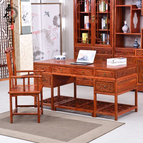 仿古中式实木榆木书桌办公桌明清古典家具大班写字台大班台