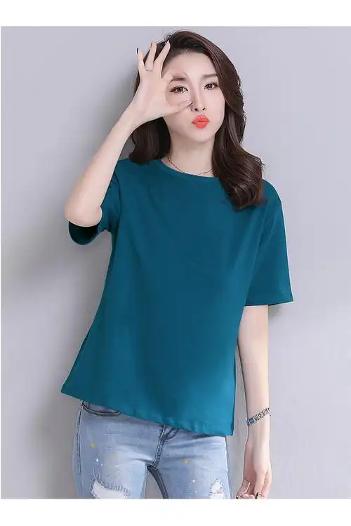 恒源祥孔雀蓝色t恤女短袖宽松纯棉圆领休闲运动丅血中老年大码纯色