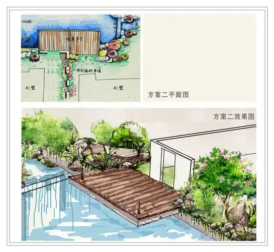 凉亭,溪流,小径,亲水平台别墅区绿化,手绘小景98#别墅庭院