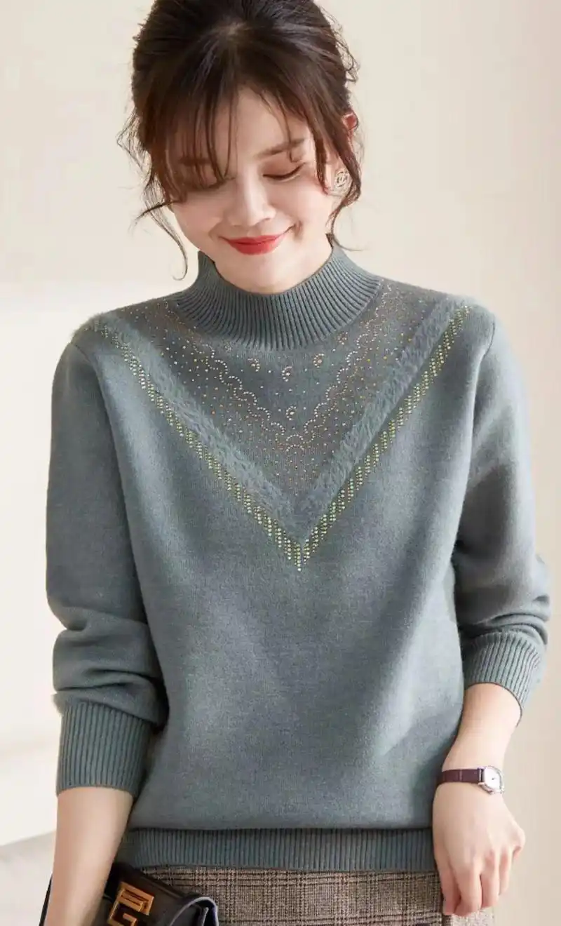 高领保暖毛衣中年女加绒加厚针织衫